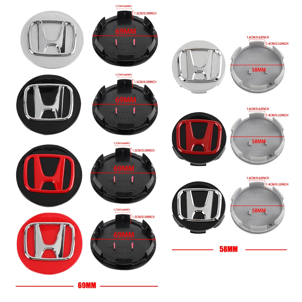 4pcs 56/58/60/69mm Car Wheel Center Hub Caps Accessories For Honda Type R Type S VTEC DOHC Modulo Vezel Legend Si RR Insight