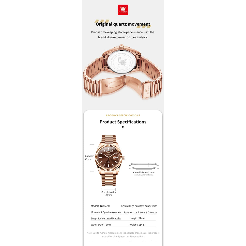 OLEVS Men's Watch Top Brand Luxury Wrist Watch For Men Fashion Rose Gold Stainless Steel Waterproof Watch Day Date Quartz Clock