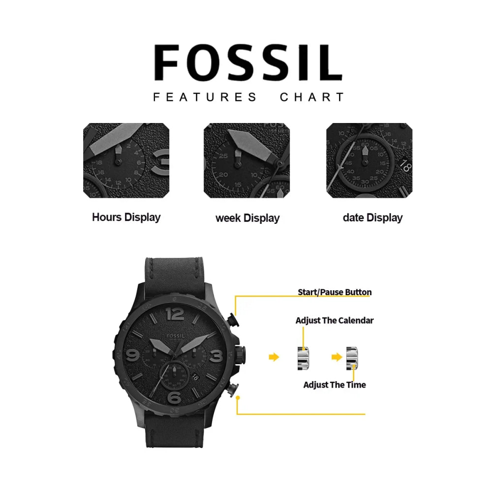 Fossil JR1354 Nate Chronograph Men Watch Black Leather 50mm Big Dial Military Sport Quartz Wristwatch Relogio Masculino