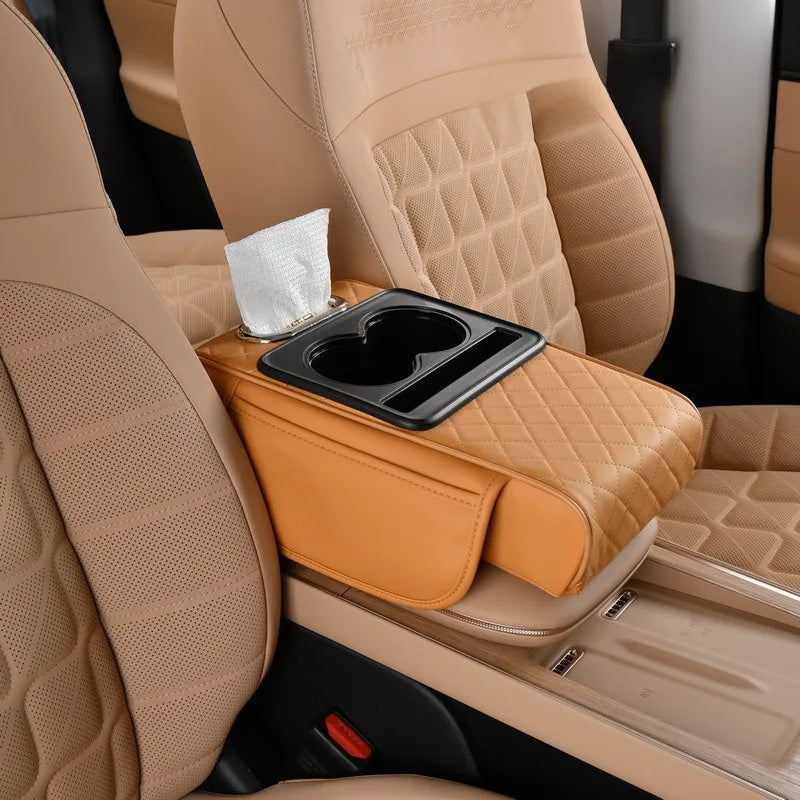 Reposabrazos para Coche 5 en 1: Caja para Pañuelos, Portavasos, Bolsa de Almacenamiento Multifuncional, Almohadilla Elevadora y Cojín con Bolsillo