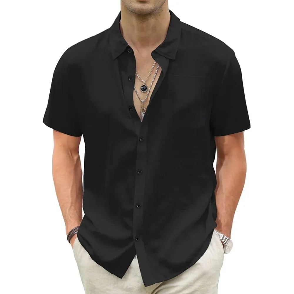 Men's Lightweight Hawaiian Shirts Cotton Linen Breathable Short Sleeve Shirts Vacation Beach Casual Summer Men Tops with Pocket
