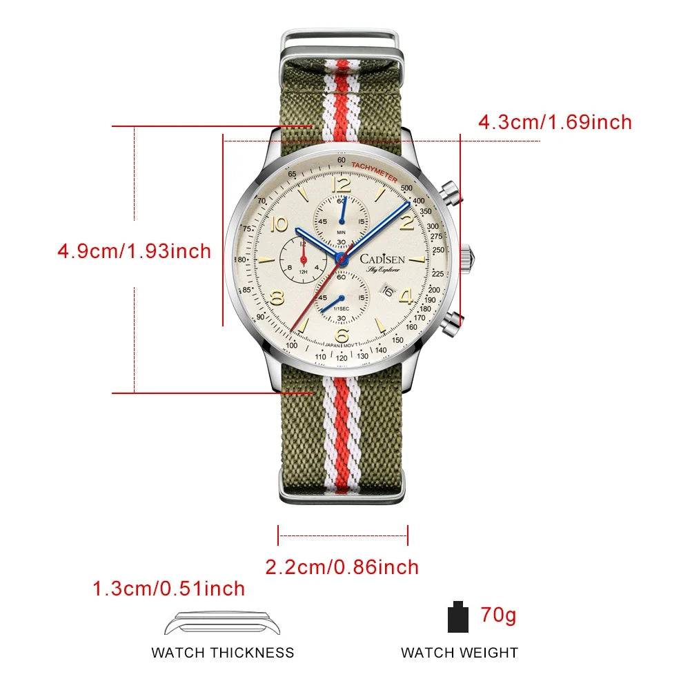 CADISEN New Chronograph Men's Quartz Watch Top Luxury Watches For Men MIYOTA 0S10 AR Mirror Waterproof Canvas Men's Wristwatch