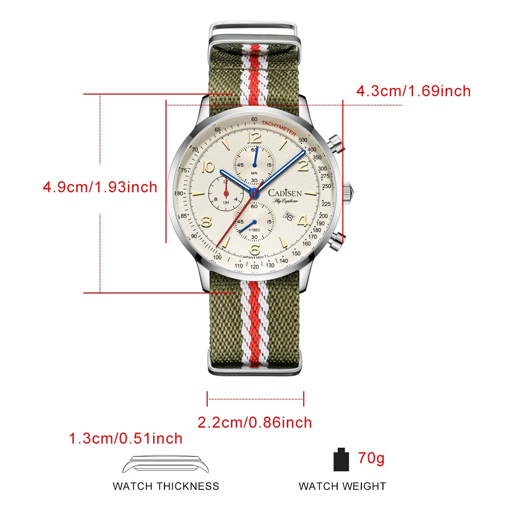 CADISEN New Chronograph Men's Quartz Watch Top Luxury Watches For Men MIYOTA 0S10 AR Mirror Waterproof Canvas Men's Wristwatch
