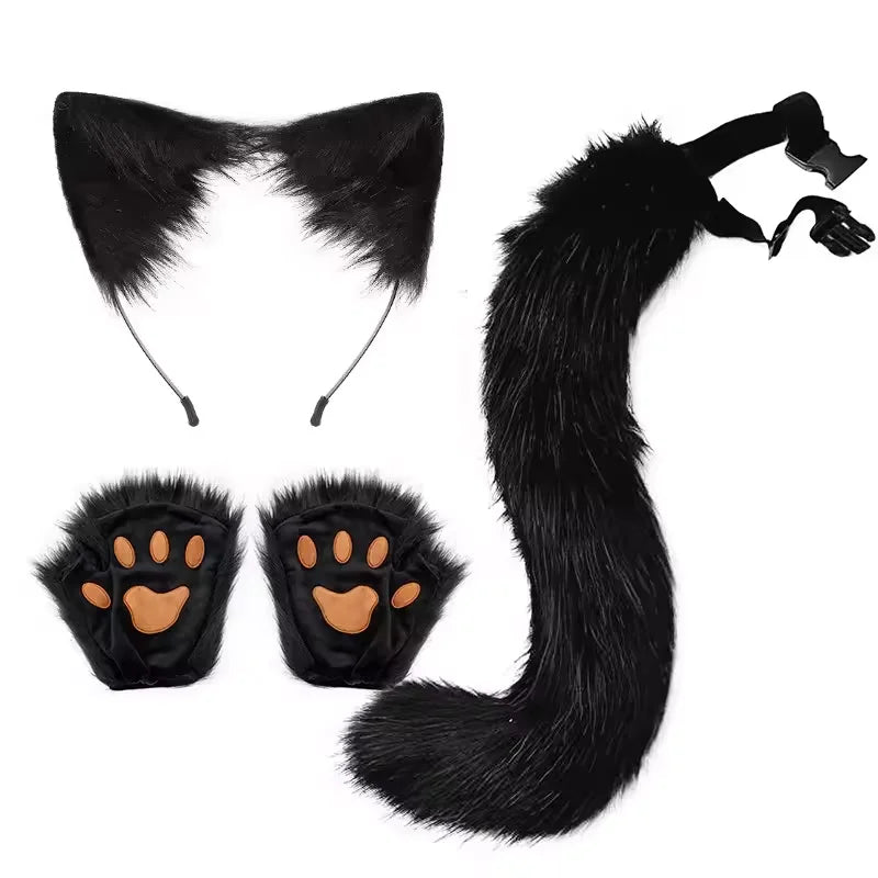 FluffyAnime-guantes y orejas de piel de Animal, cola de zorro, patas de gato, máscara facial, conjunto de disfraz de Cosplay, accesorios para fiesta de Halloween