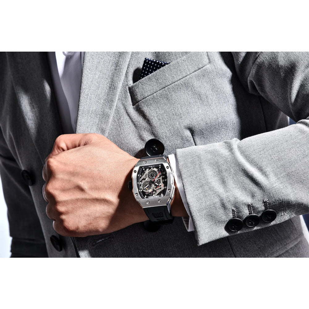 PAGANI DESIGN skeleton Watch Sapphire YS012 Automatic Men’s Quartz Watch Silicone Square Clock Waterproof Relogio Masculino