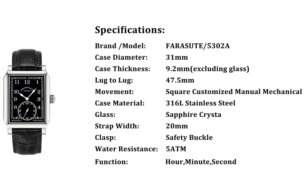 FARASUTE 2026 New Retro Wristwatches Men Casual Manual Square Customized Mechanical Movement Watch Male Sapphire Glass reloj