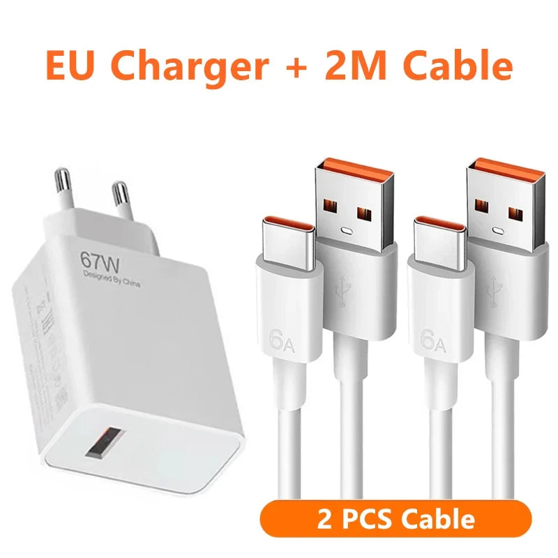 Cargador de pared ultrarrápido para Xiaomi, Cable USB tipo C, 6A, 67W, UE, 11, 12 Lite, 13T, Redmi Note 10, 11T, 12T, 13, POCO F4, F5, X4, X5 Pro, 1m, 2m