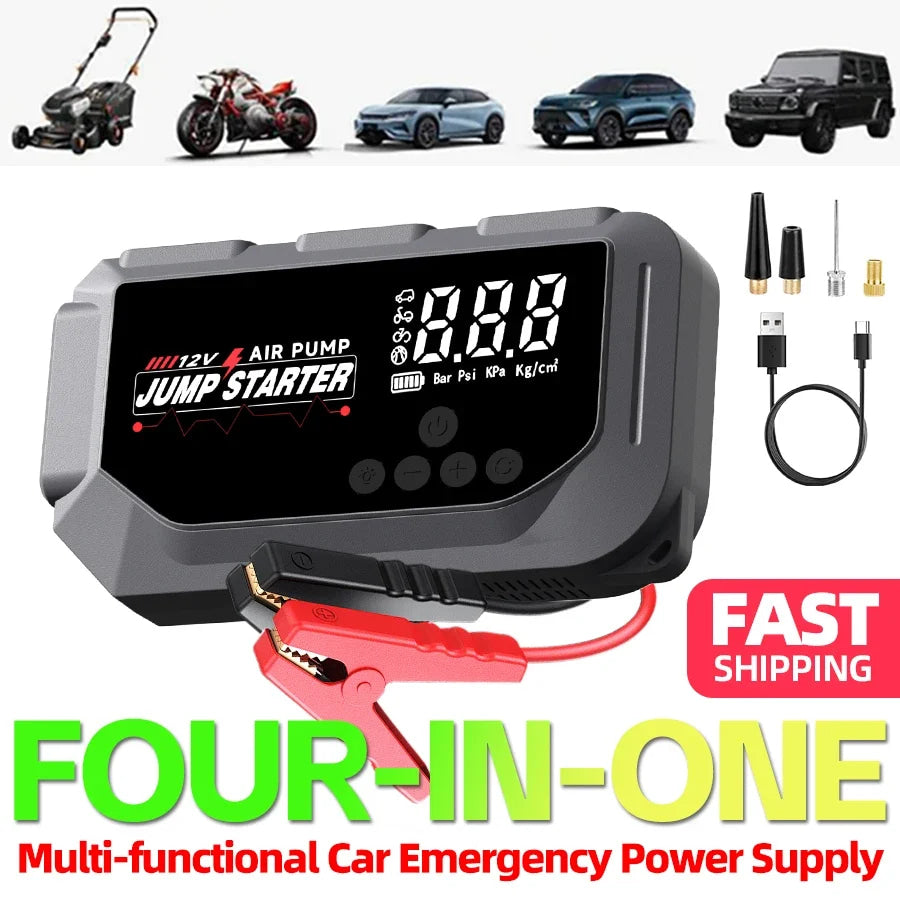 Portable 12V 8000A smart emergency car jump starter, with emergency air pump, flashlight, and power bank. Suitable for all car