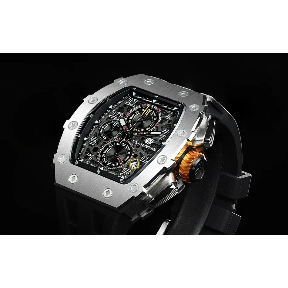 TSAR BOMBA Watch for Men Luxury Brand Tonneau Design Waterproof Clock Stainless Steel Wristwatch Fashion Rectangle Mens Watch