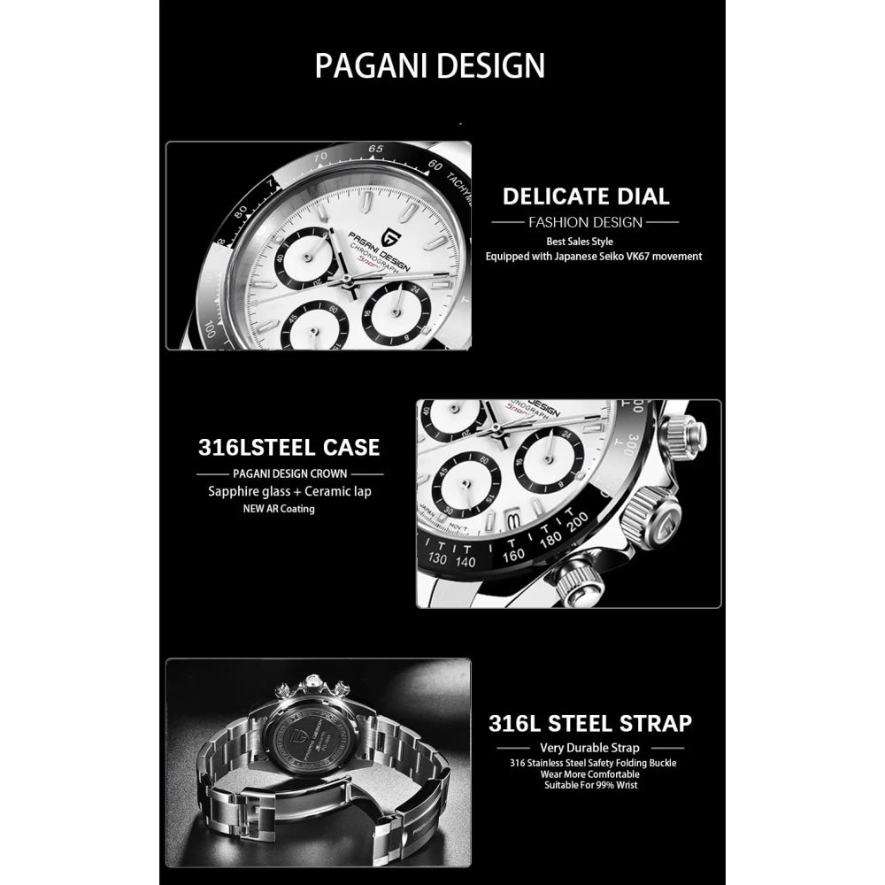 New PAGANI DESIGN PD1644 Luxury Men's Quartz Watch Automatic date Wristwatches Sport 100m Waterproof Chronograph Men Gift