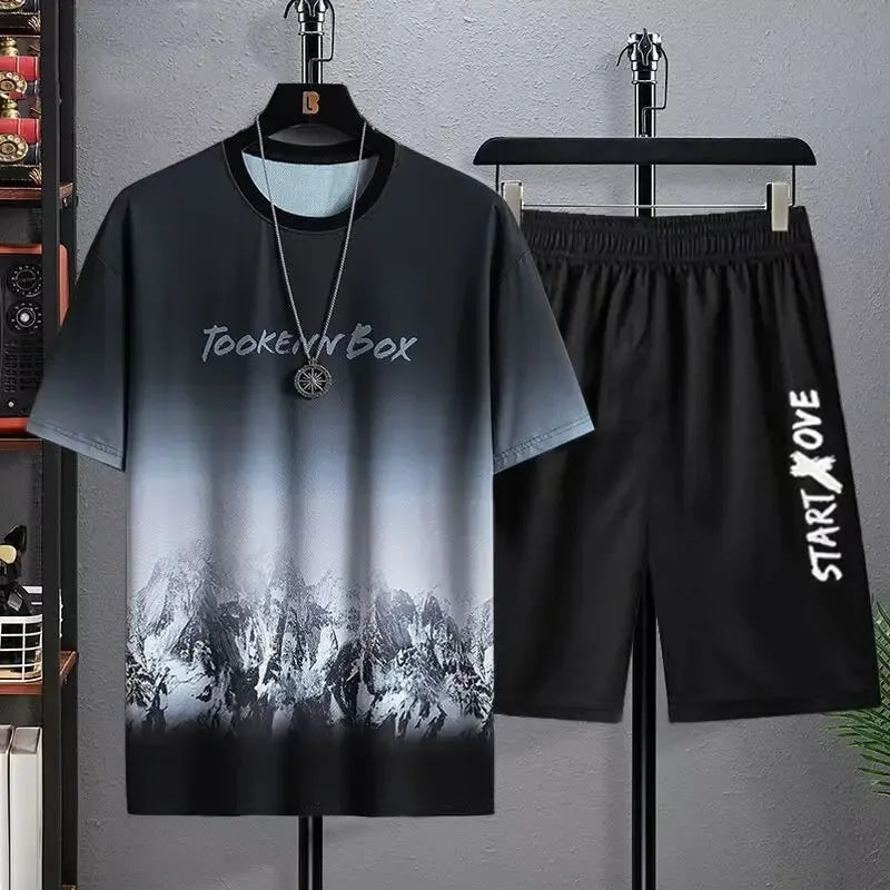 Conjuntos de verano de secado rápido para hombre, chándales de moda, pantalón corto informal transpirable de manga, Camiseta deportiva con estampado 3D + Pantalones cortos, conjunto de baloncesto
