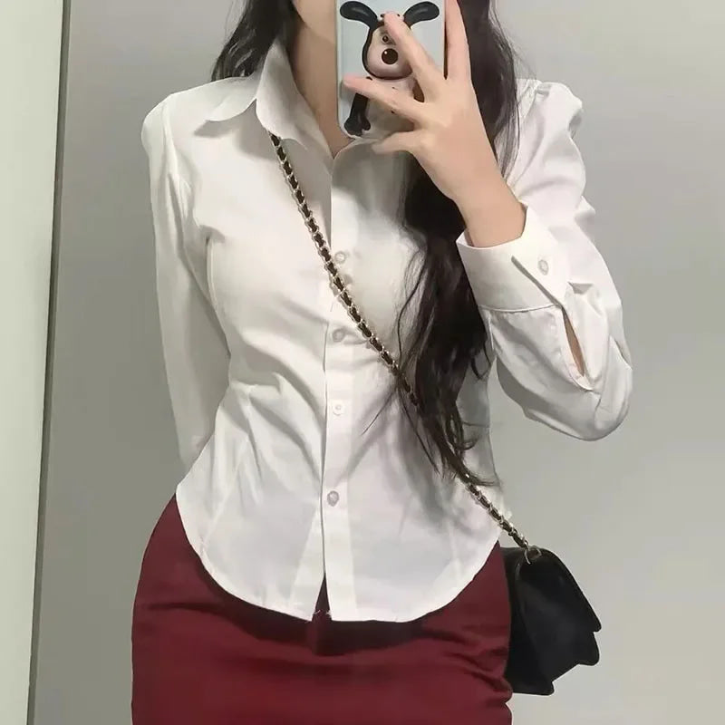 FANAN Preppy Style White Shirts Women Korean Slim Long Sleeve Office Shirt Ladies 2025 Spring Fashion Button Lapel Short Blouse