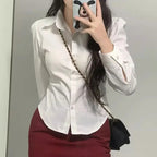 FANAN Preppy Style White Shirts Women Korean Slim Long Sleeve Office Shirt Ladies 2025 Spring Fashion Button Lapel Short Blouse