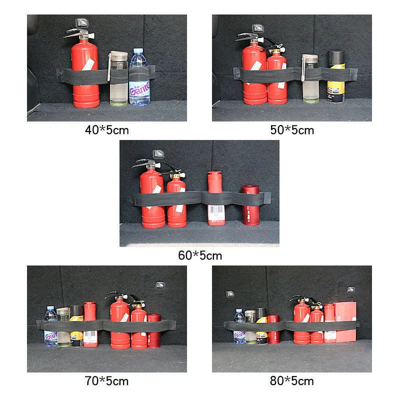 Organizador de maletero de coche, cinta de fijación elástica, extintor de incendios, tanque de agua, cinta de fijación de almacenamiento varios, accesorios de almacenamiento de coches