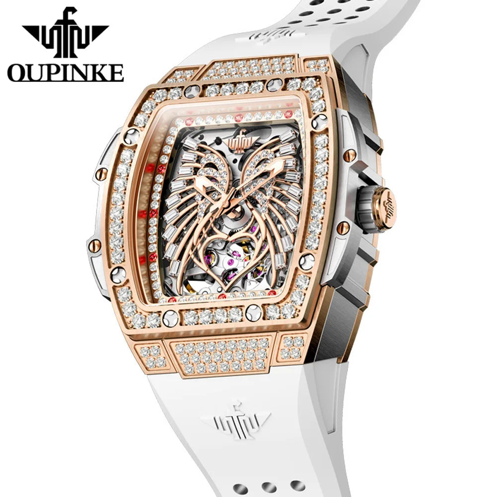 OUPINKE, marca de lujo, reloj mecánico para mujer, diseño de alas de Ángel de amor, esqueleto, automático, elegante, blanco, reloj de pulsera para mujer, nuevo