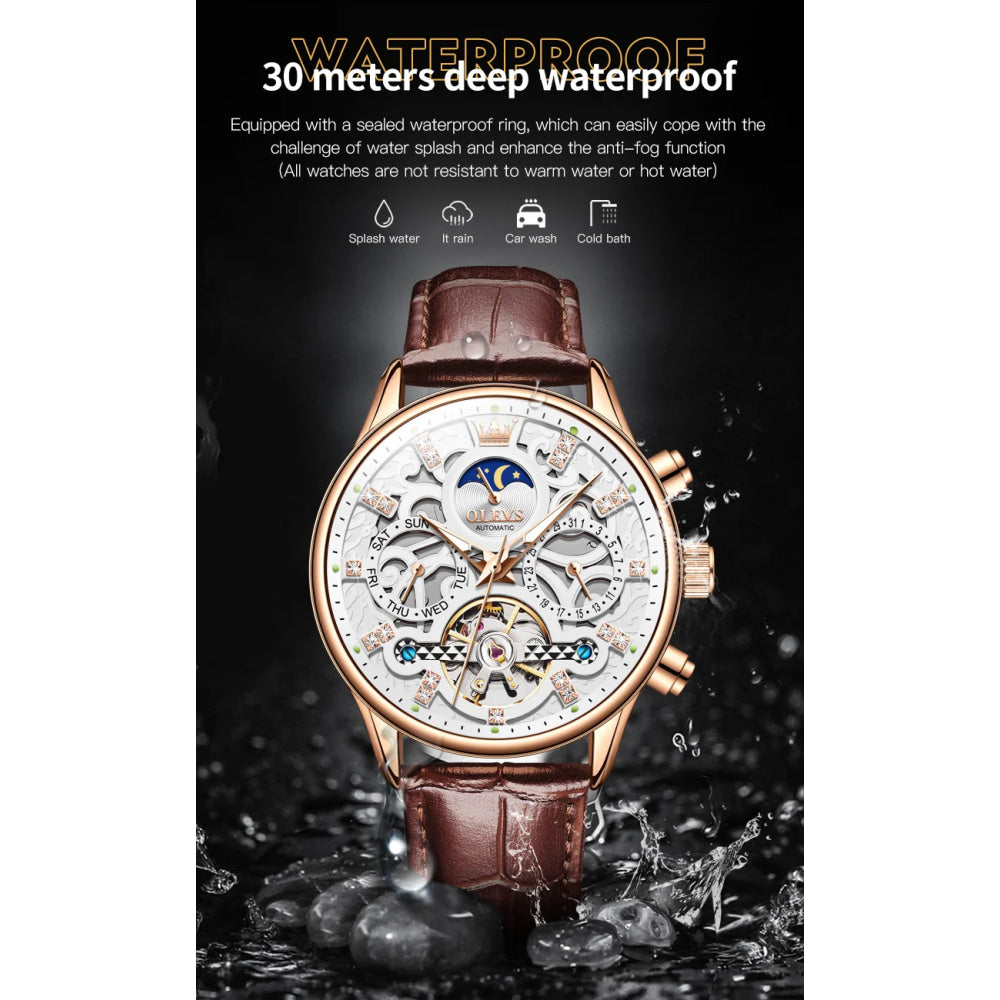 OLEVS 6658 Mens Watch Business Leather Strap Reloj  Hollow out Mechanical Automatic Wristwatch Waterproof Luminous Watch For Man