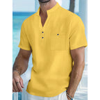 Men's Cotton Linen Short-Sleeve Shirt with Stand Collar & Half-Button Placket - Casual Outdoor Leisure Wear for Spring and Summe