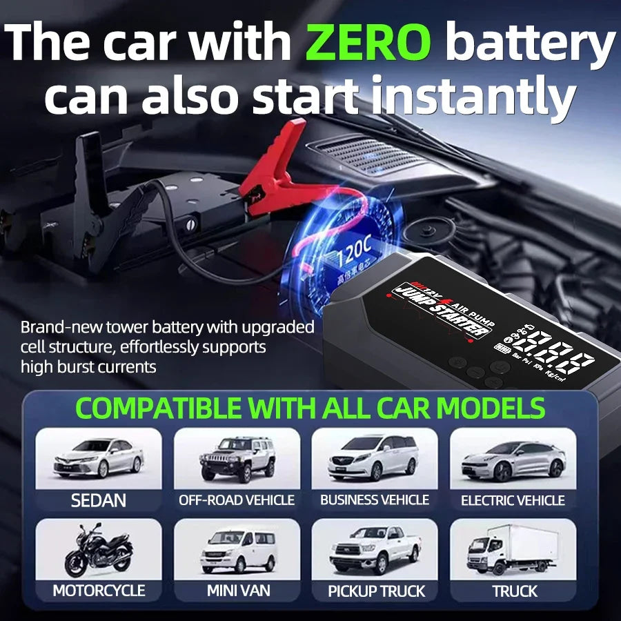 Portable 12V 8000A smart emergency car jump starter, with emergency air pump, flashlight, and power bank. Suitable for all car