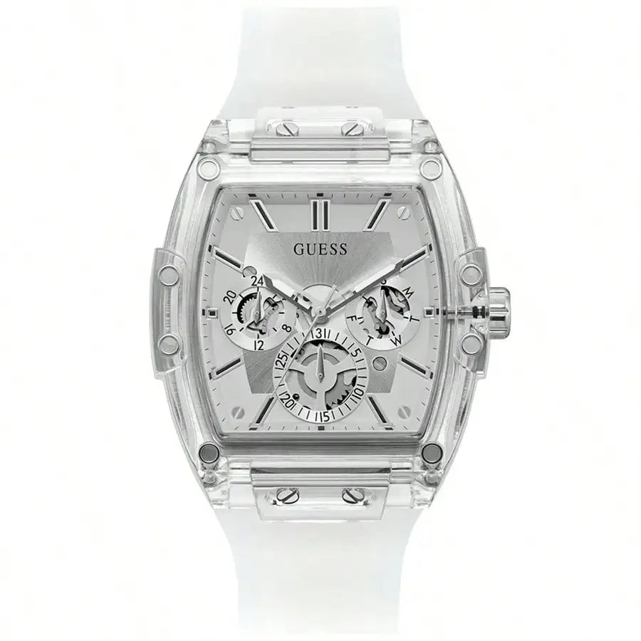 GUESS Watches for Men Original Luxury Skeleton White Tonneau Multifunction Quartz Chronograph Silicone Strap Fashion Sport Wrist