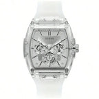 GUESS Watches for Men Original Luxury Skeleton White Tonneau Multifunction Quartz Chronograph Silicone Strap Fashion Sport Wrist