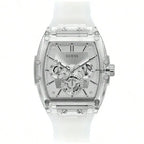 GUESS Watches for Men Original Luxury Skeleton White Tonneau Multifunction Quartz Chronograph Silicone Strap Fashion Sport Wrist