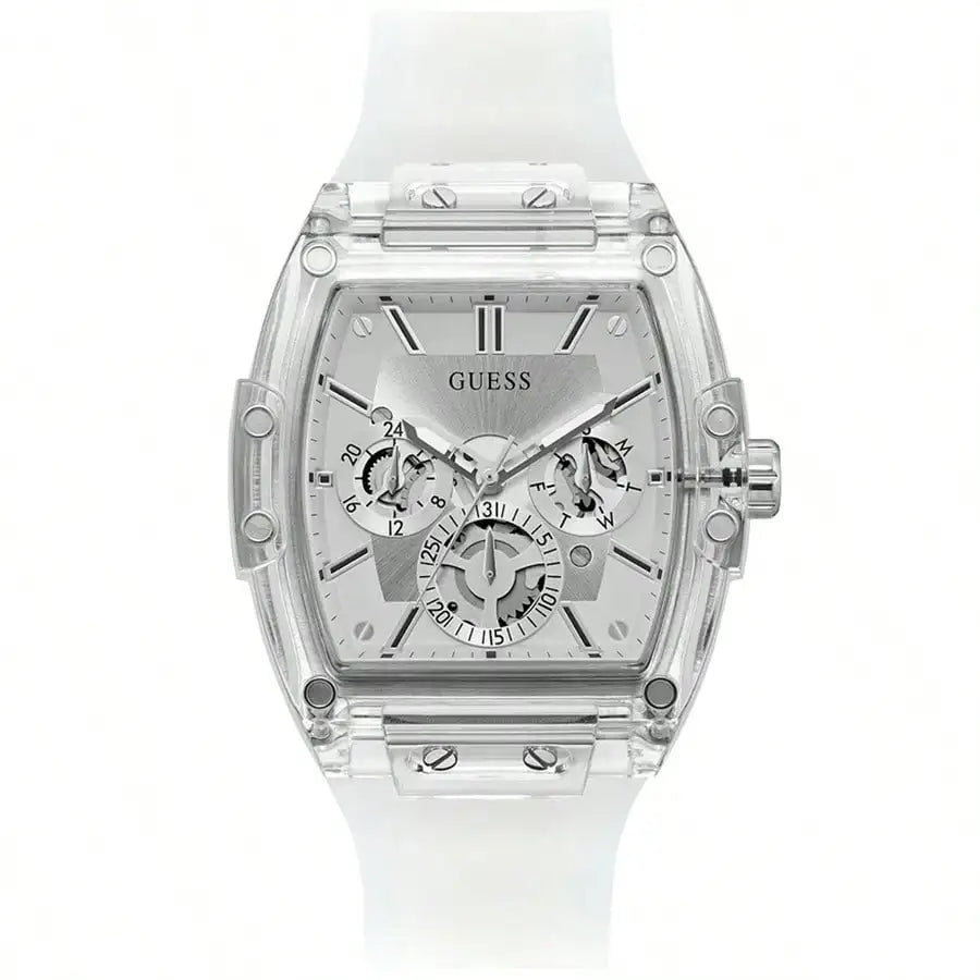 GUESS Watches for Men Original Luxury Skeleton White Tonneau Multifunction Quartz Chronograph Silicone Strap Fashion Sport Wrist