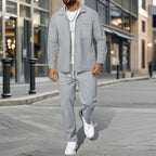 Men's Business Casual Two-Piece Set Spring Autumn Waffle Zippered Shirt Coat And Trousers Trendy Fashionable Outfit