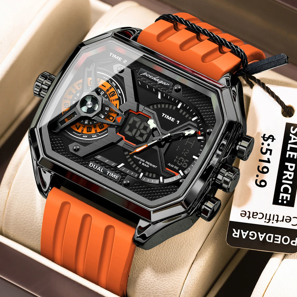 POEDAGAR Top Luxury Men Clock LED Calendar Week Luminous Man Wristwatch Electronic Rectangle Silicone Strap Quartz Men's Watches