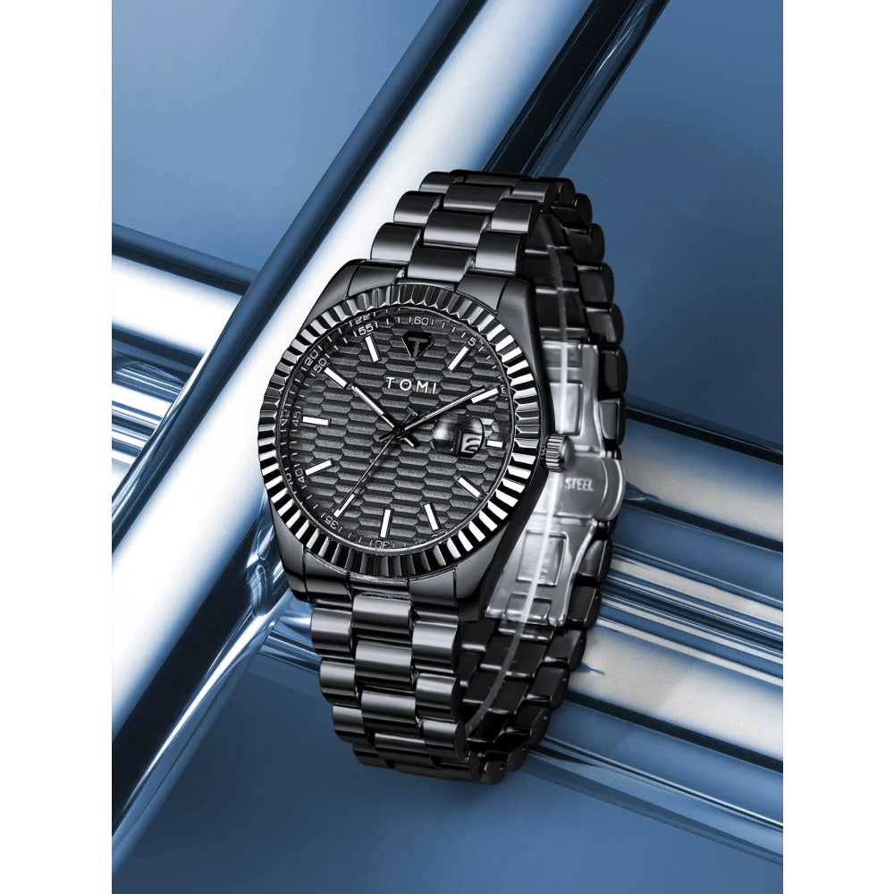 TOMI New Men's Watch Brooch Ring Gift Box Set Luxury Business Stainless Steel Strap Men's Calendar Casual Quartz Watch Reloj