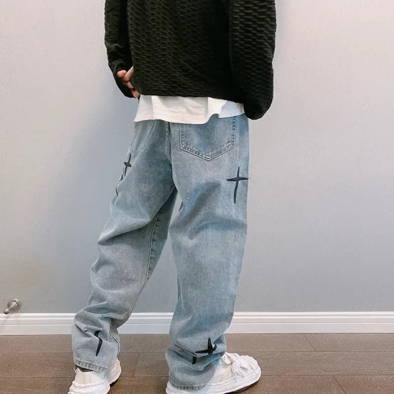 Prints Jeans Men 2026 New Streetwear Baggy Wide Leg Jeans Korean Fashion Drapes Straight Casual Loose Denim Cargo Pants
