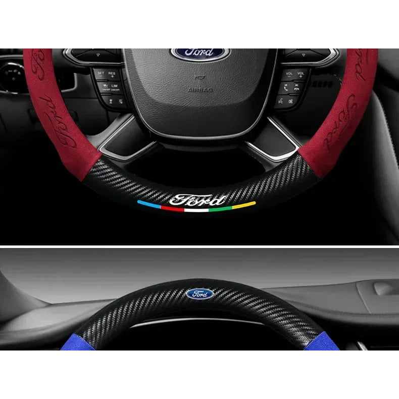 For Ford Mondeo Focus Raptor Puma Edge Explorer Ecosport Ranger F150 Kuga Car Suede Carbon fiber Anti-slip Steering Wheel Cover