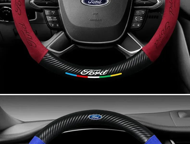 For Ford Mondeo Focus Raptor Puma Edge Explorer Ecosport Ranger F150 Kuga Car Suede Carbon fiber Anti-slip Steering Wheel Cover