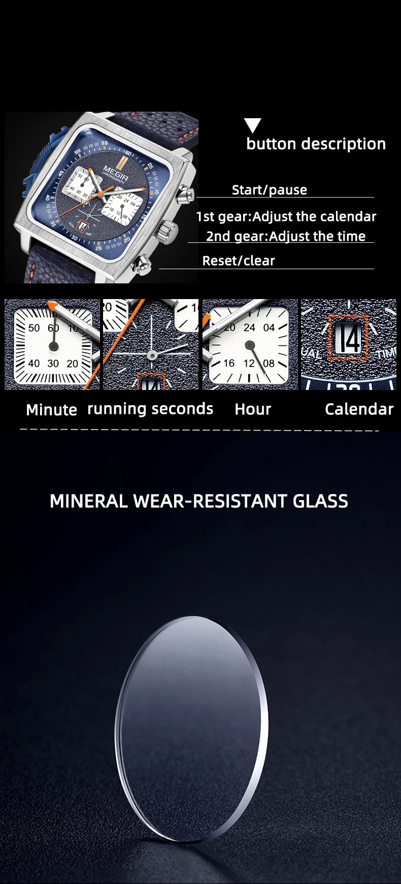 MEGIR 2182 Luxury Fashion Sports Chronograph Multi-Functional Military Leather Date Wristwatches for Men Relogio Masculino