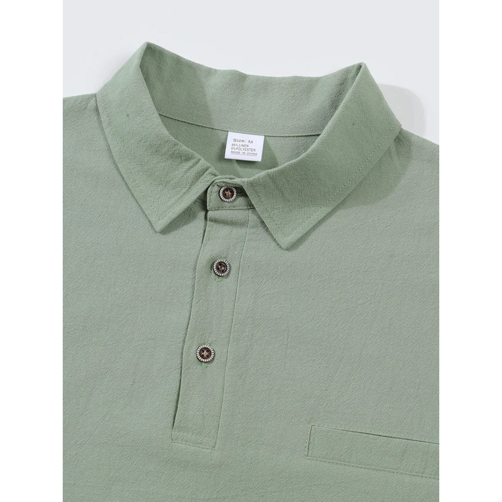 Men's Linen Blend Short Sleeve Polo Shirt Button Placket Chest Patch Breathable Casual Golf Business Work Daily Tops for Men