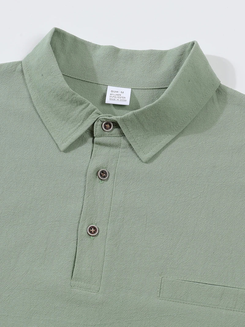 Men's Linen Blend Short Sleeve Polo Shirt Button Placket Chest Patch Breathable Casual Golf Business Work Daily Tops for Men