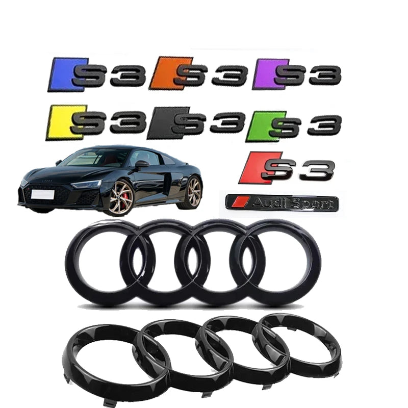 For AUDI S3 2010-2020 Car Front Grille Replace Emblem ABS Glossy Black Rear Badge Modified Sticker 4Ring Logo Sline Decoration