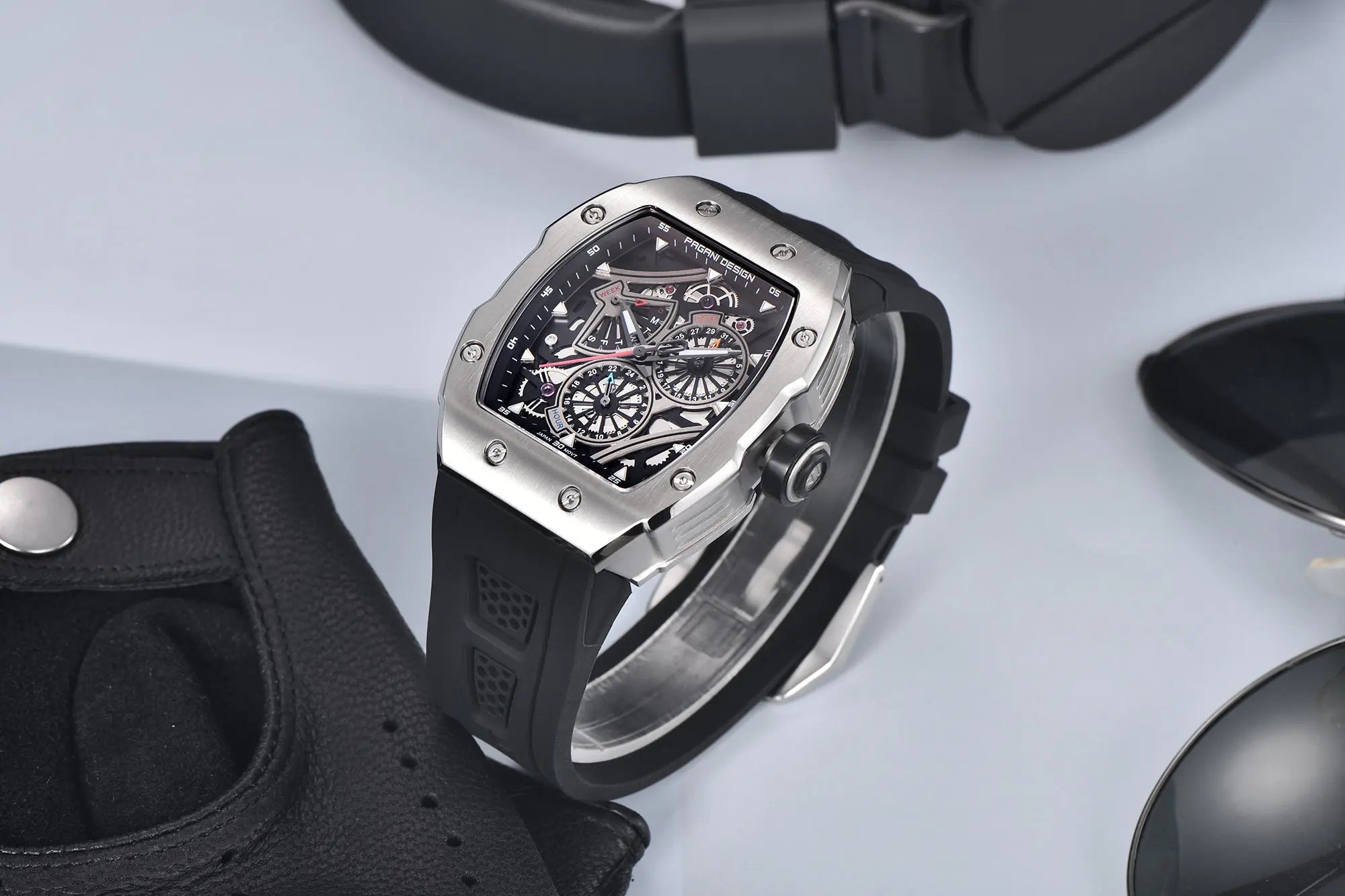 PAGANI DESIGN skeleton Watch Sapphire YS012 Automatic Men’s Quartz Watch Silicone Square Clock Waterproof Relogio Masculino