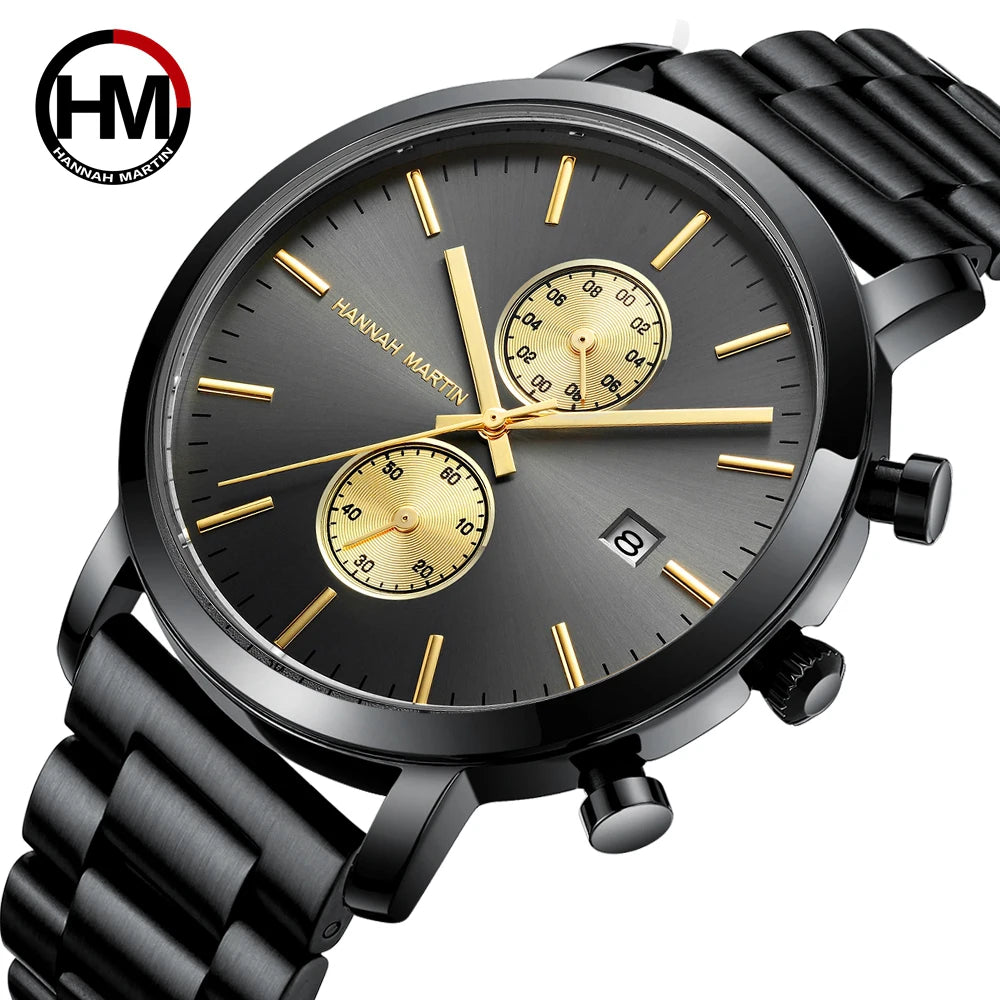 Reloj Hannah Martin Top para hombre, marca de estilo empresarial, acero inoxidable, moda, resistente al agua, deportivo, reloj de cuarzo multifuncional para hombre