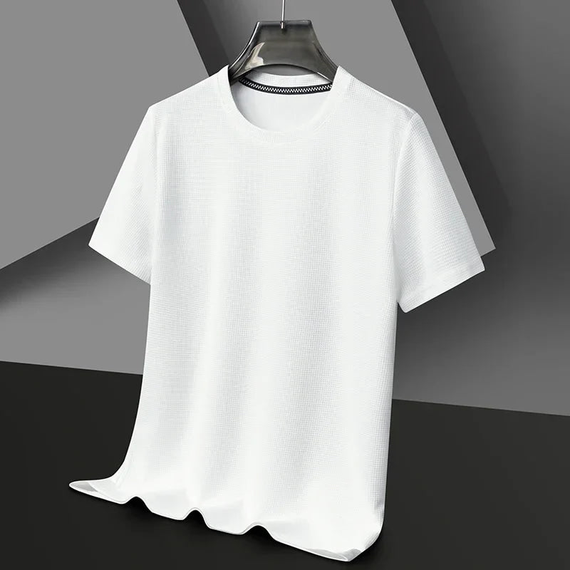 Nueva camiseta de manga corta con cuello redondo y gofres de verano para hombre, Top de manga corta