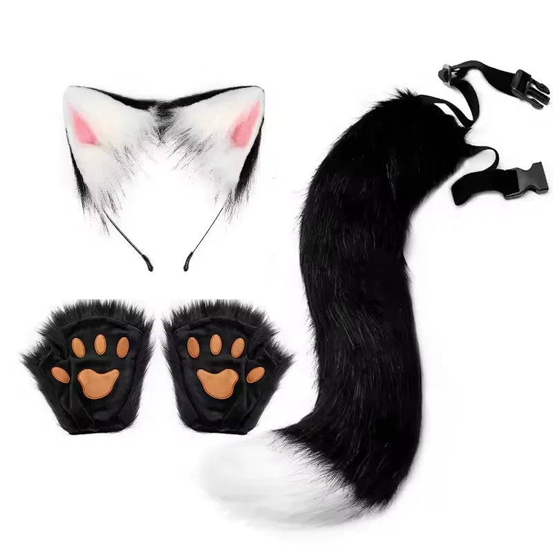 FluffyAnime-guantes y orejas de piel de Animal, cola de zorro, patas de gato, máscara facial, conjunto de disfraz de Cosplay, accesorios para fiesta de Halloween