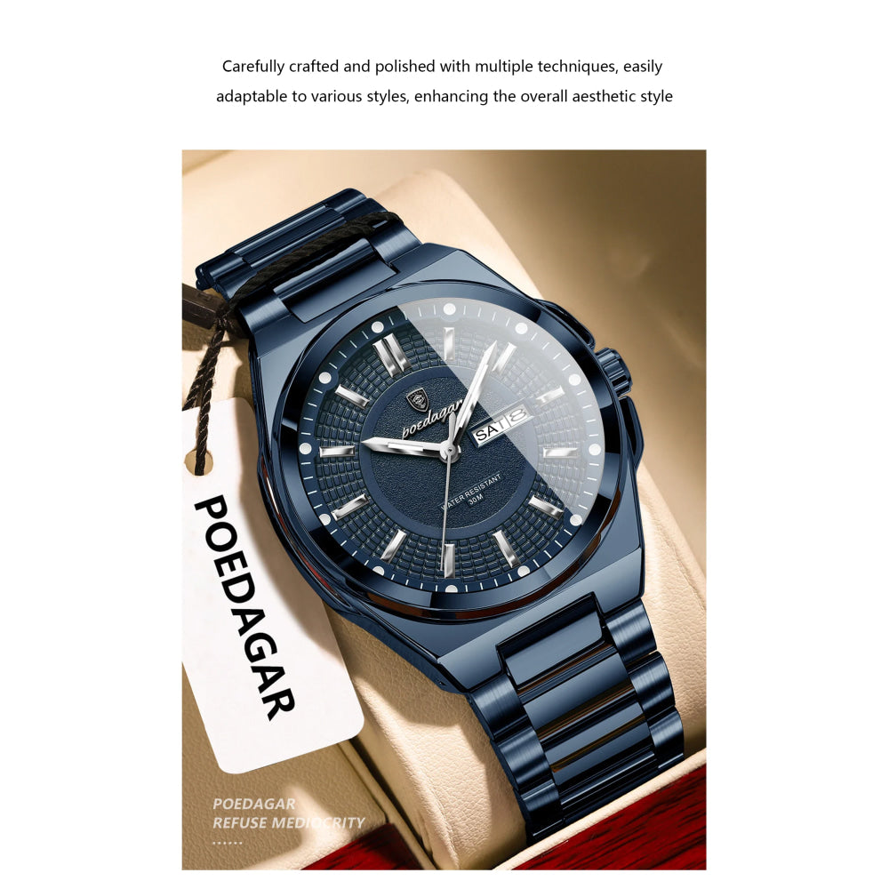 POEDAGAR Sport Original Men Clock Quartz Date Week Luxury Man Wristwatch Waterproof Luminous Stainless Steel Men's Watches Reloj
