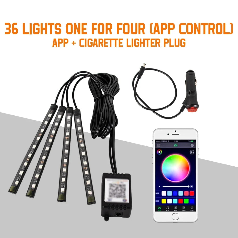 Neón 36 48 72 LED luz ambiental para pies Interior de coche Control remoto inalámbrico por aplicación de música lámpara decorativa de ambiente RGB automática