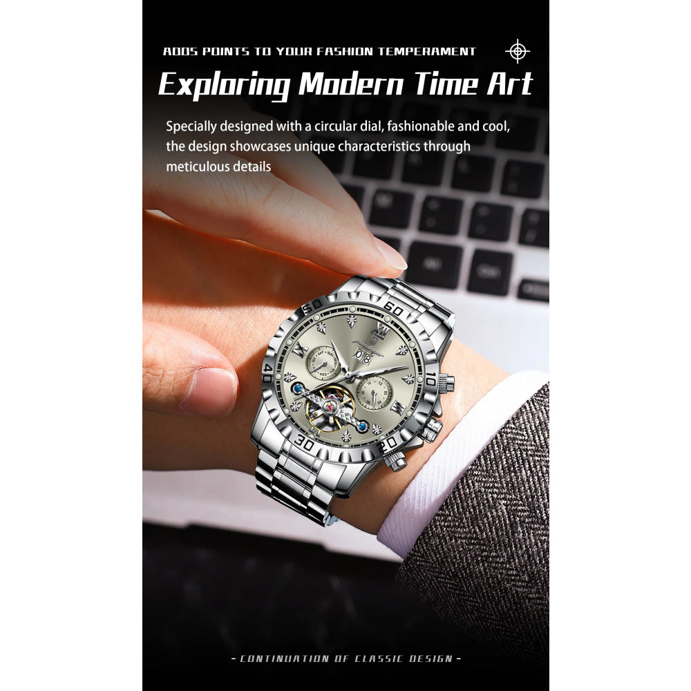 POEDAGAR Luxury Men Wristwatch Hollow Tourbillon Luminous Date Week Man Clock Automatic Mechanical Stainless Steel Men's Watches