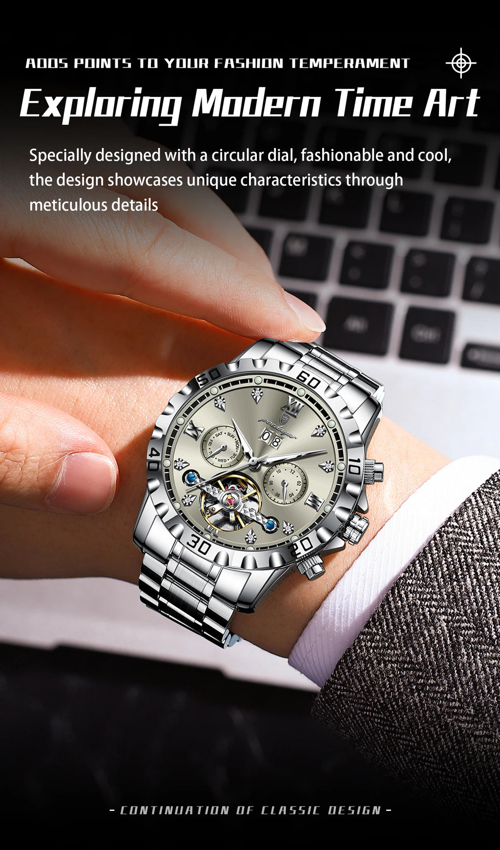 POEDAGAR Luxury Men Wristwatch Hollow Tourbillon Luminous Date Week Man Clock Automatic Mechanical Stainless Steel Men's Watches