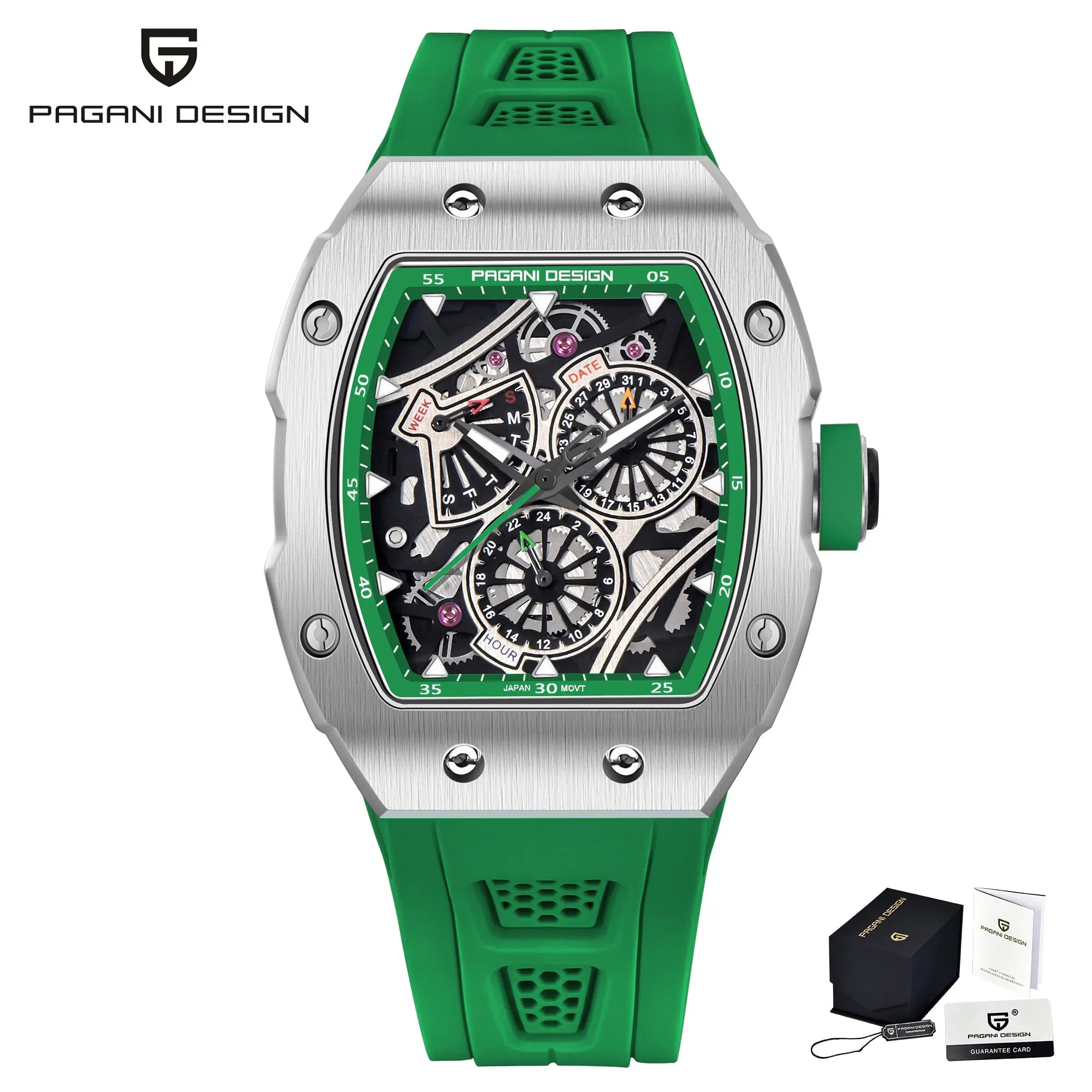 PAGANI DESIGN skeleton Watch Sapphire YS012 Automatic Men’s Quartz Watch Silicone Square Clock Waterproof Relogio Masculino