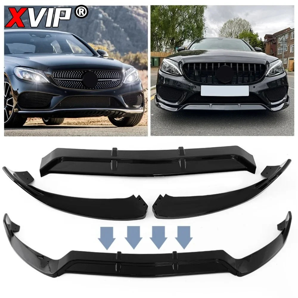 XVIP Glossy Black 3-Piece BBS Style Front Bumper Lip Spoiler For Mercedes Benz C-Class W205 2015-2018