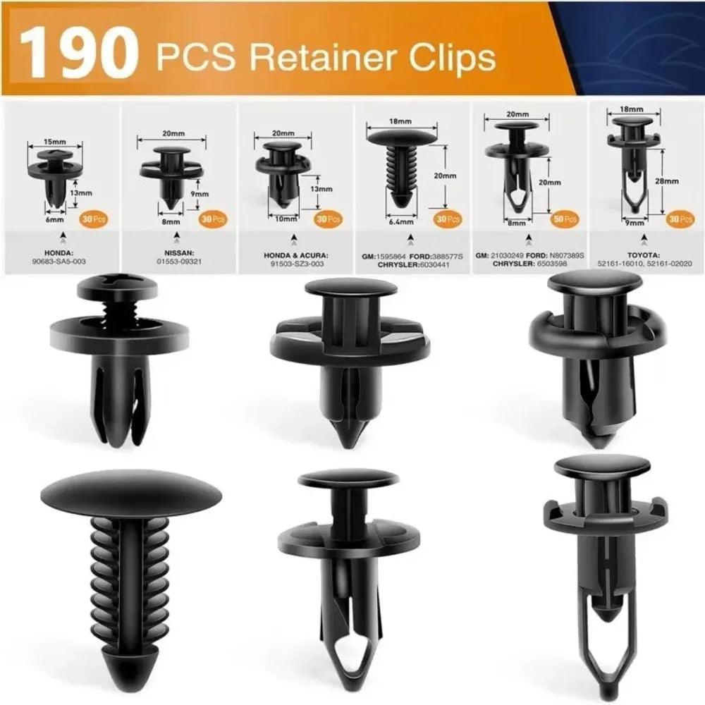 190 clips de retención automotrices mixtos: 6 tipos de sujetadores push para reparación de parachoques y molduras