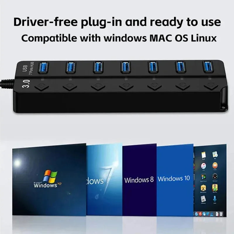 USB3.0 HUB 4 en 1 7 en 1USB Splitter 2.0 Adaptador USB Extensor de interruptor de alimentación independiente multipuerto Cable de 30 CM