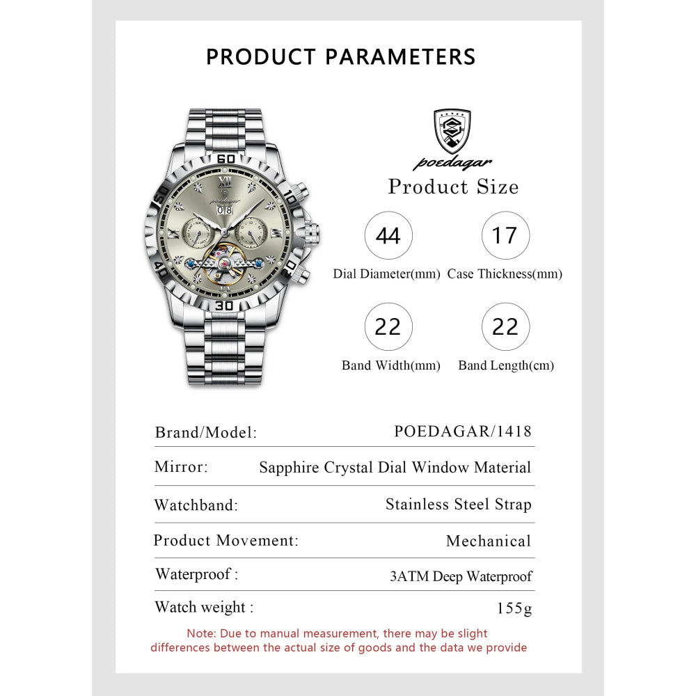 POEDAGAR Luxury Men Wristwatch Hollow Tourbillon Luminous Date Week Man Clock Automatic Mechanical Stainless Steel Men's Watches