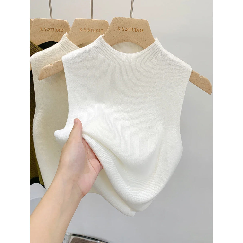 Camiseta sin mangas de punto para mujer, suéter ajustado corto sin mangas, suéteres lisos para primavera y otoño, jerséis 2026